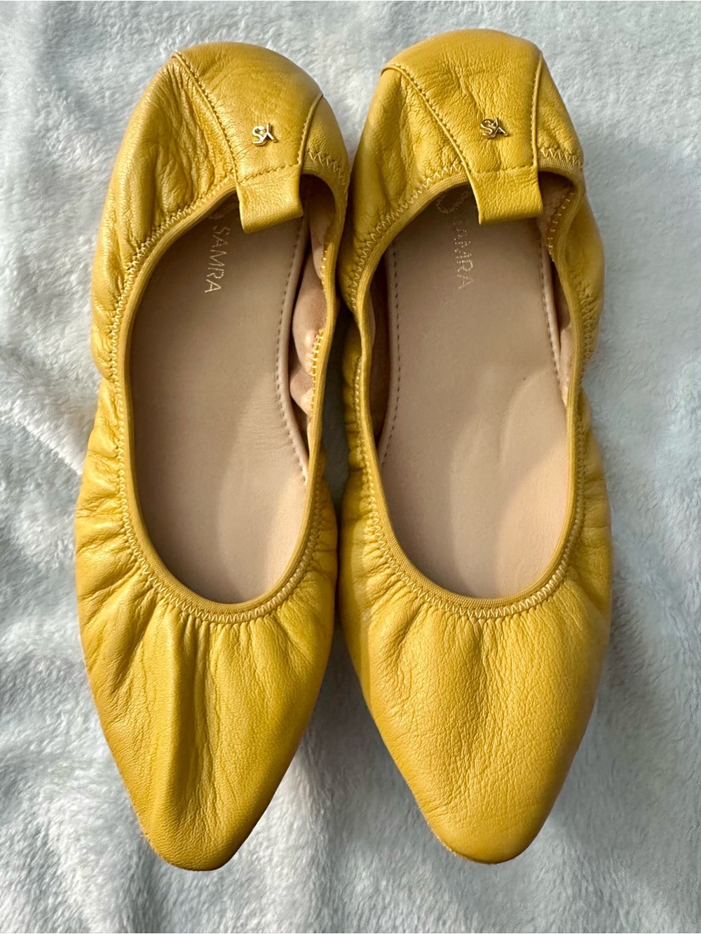 Yosi Samra Yellow Leather Pointed Ballet Flats with Elastic Topline